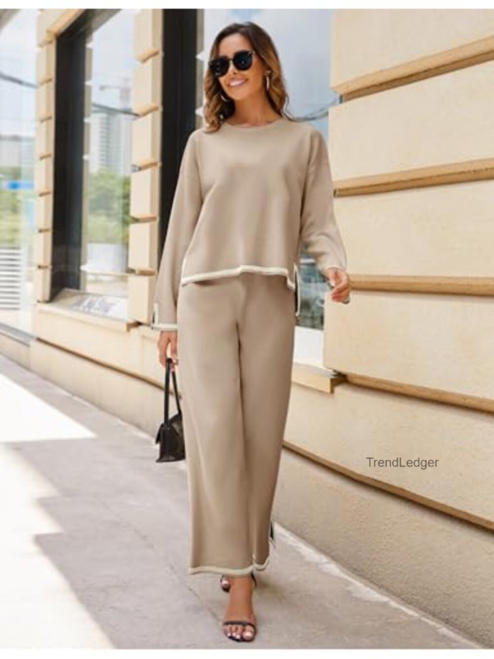 Women's 2 Piece Lounge Set Knit Sweater Top Wide Leg Pants Tracksuit - Picture 2 of 6
